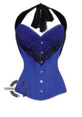 Blue Satin Black Net Halter Neck Gothic Burlesque Bustier Waist Training LONG Overbust Corset Costume